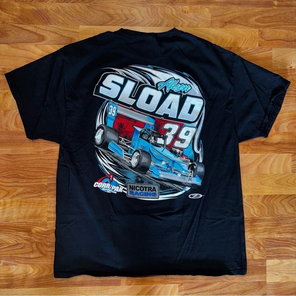 Vtg Alison Sload #39 Racing T Shirt Black Double Sided Men’s Size XL 100% Cotton